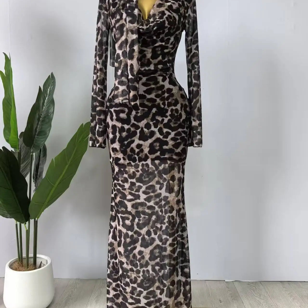 Women Full Sleeve Pile Collar leopard print Long Maxi Dress Holiday Beach Birthday Evening Sexy Party Dresses Vestidos