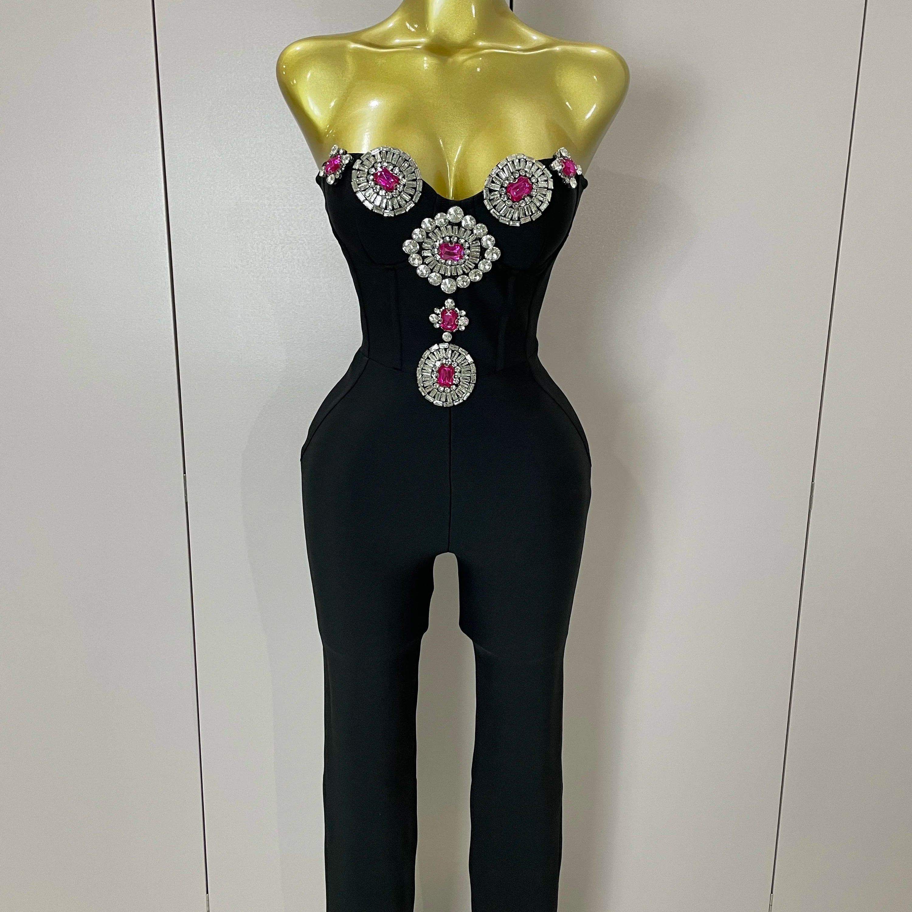 Luxury Sexy Strapless Backless Crystal Diamonds Black Bodycon Bandage Jumpsuit 2025 Women Celebrity Designer High Street Rompers black