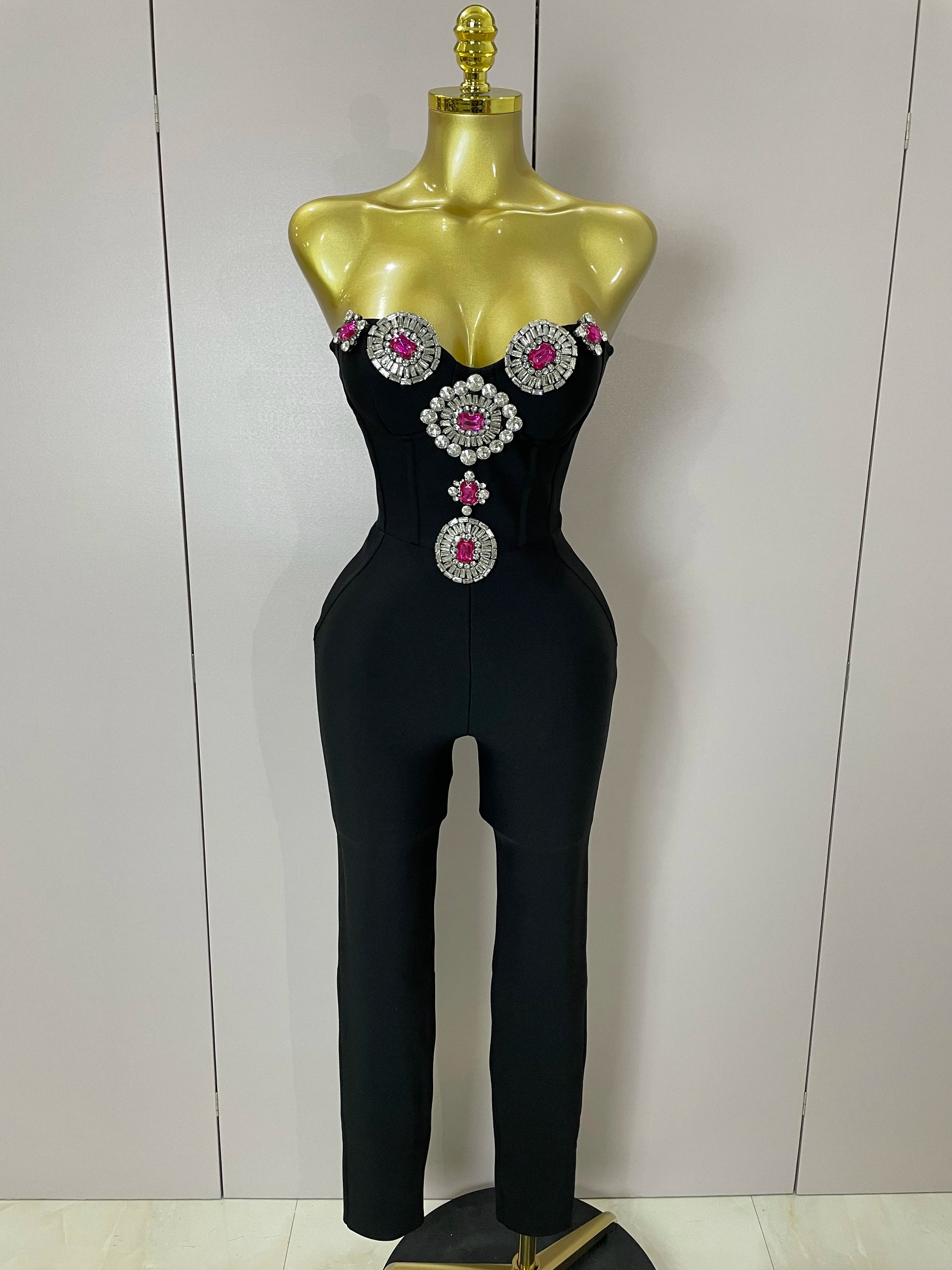 Luxury Sexy Strapless Backless Crystal Diamonds Black Bodycon Bandage Jumpsuit 2025 Women Celebrity Designer High Street Rompers black