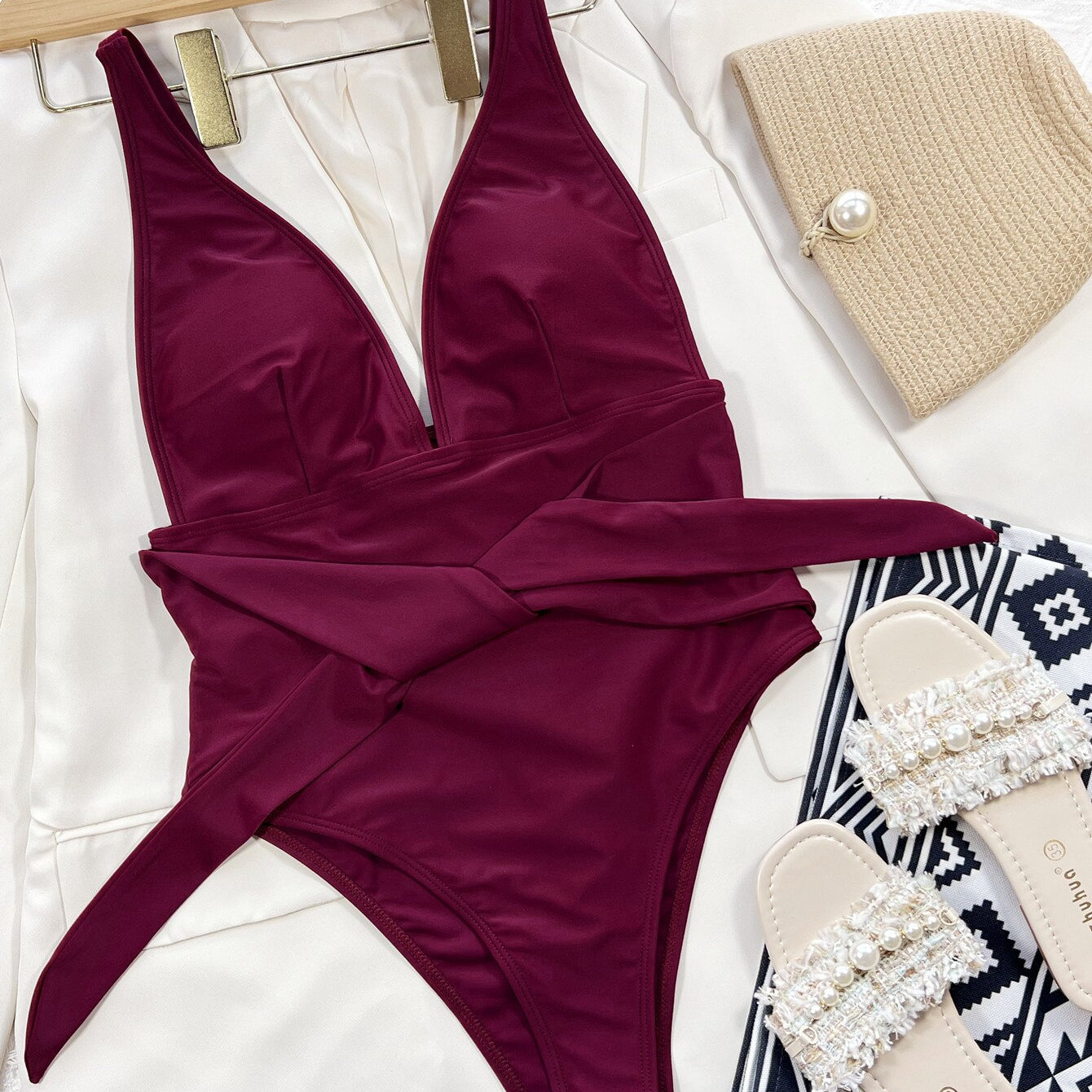 Sexy One Piece Swimsuit - Swimwear Burgundy V-neck Bowknot Hollow One-piece Bathing Suit Beachwear Trajes De Bano Mujer Burgundy