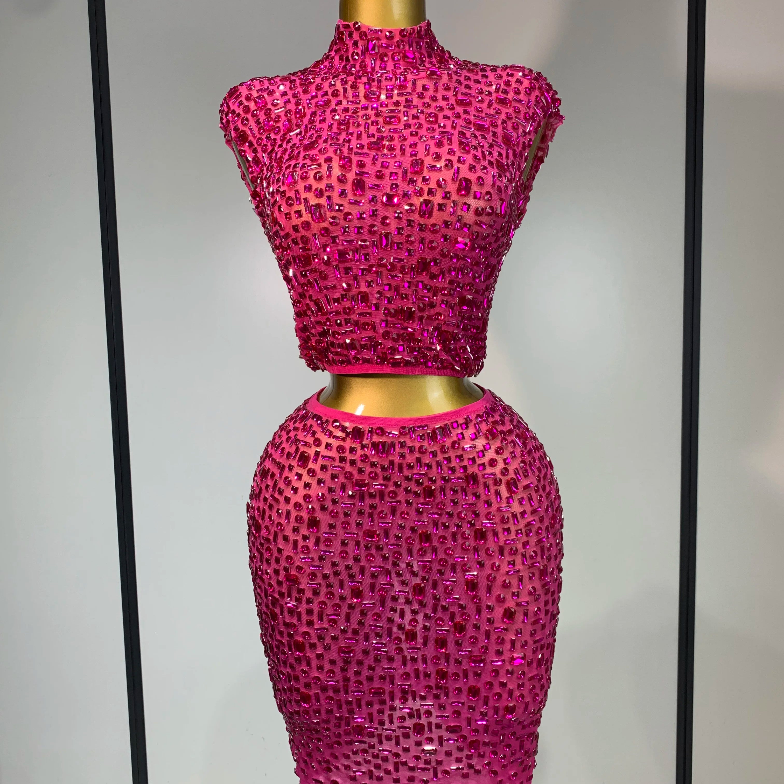Sexy Sparkly Crystal Diamonds Mesh See Through Two Piece Set Women Elegant Evening Party Costume Singer Stage Performance Outfit Rose Red