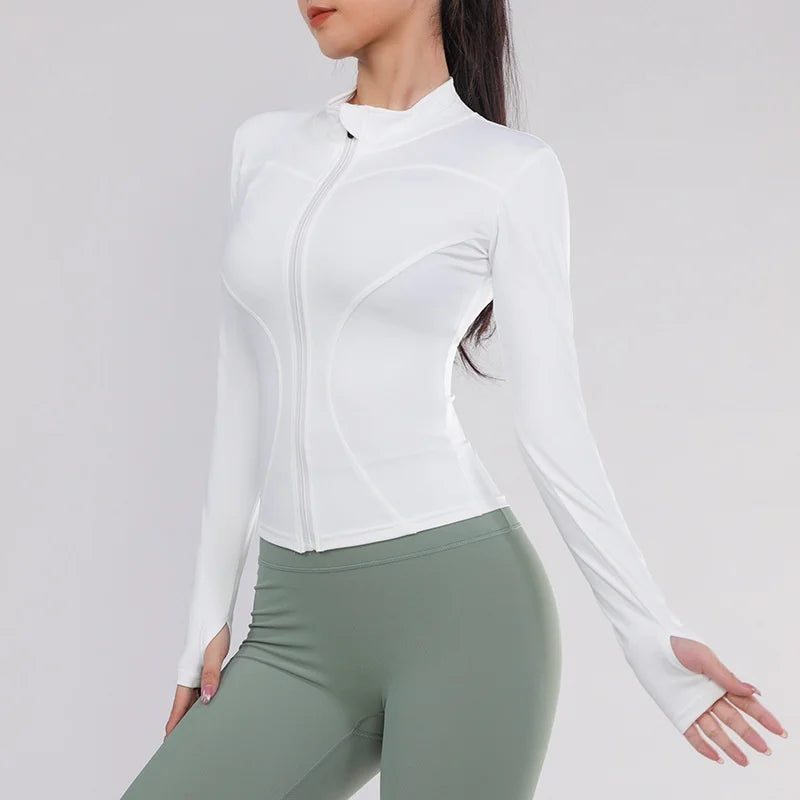 Women Gym Wear Solid Color Quick Drying Yoga Wear High Elasticity Fitness Jacket Ventilated Long Sports Shirt Women's Tracksuit white gym jacket CHINA