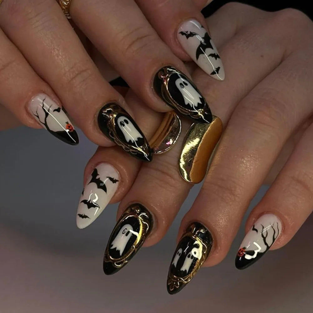 24pcs Black Bat Printed Fake Nails Halloween White Ghost Pattern False Nails for Women Wearable European Almond Press on Nails 1