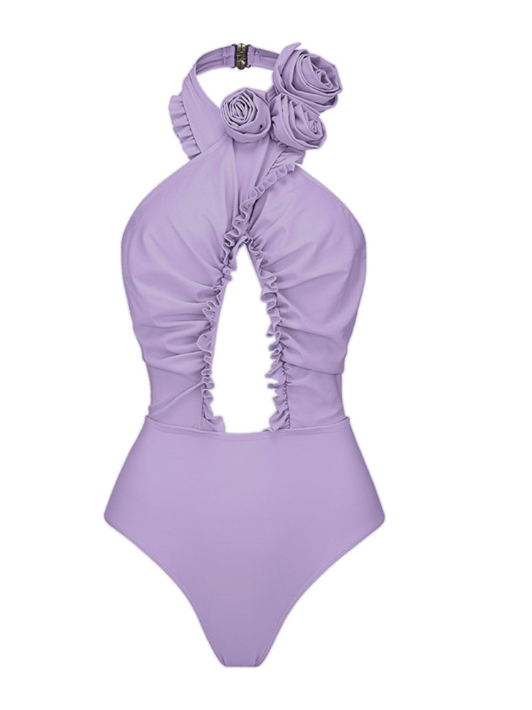 Sexy Brazilian Solid Halter Monokini - Swimsuit Floral Hollow Out Swimwear Women One Piece High Cut Push Up Bathing Suits X23SW0552-2