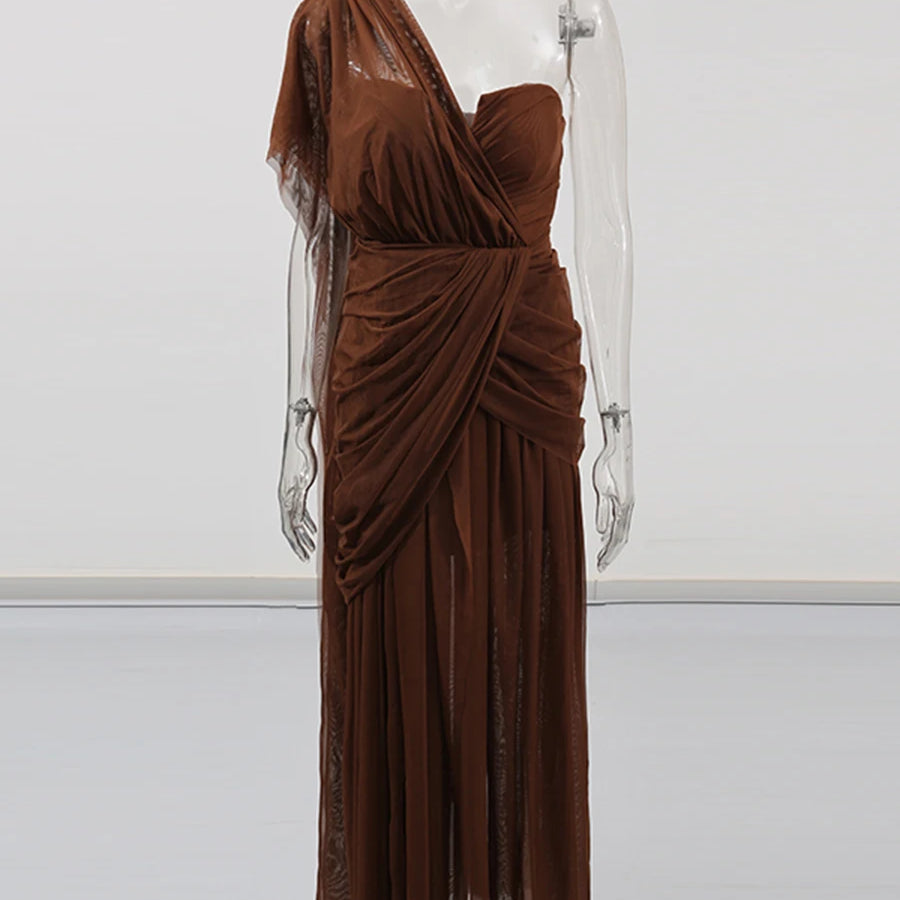 Solid Slimming Sheer Dresses for Women Diagonal Collar Sleeveless Patchwork Folds Irregular Dress Female Clothing COFFEE