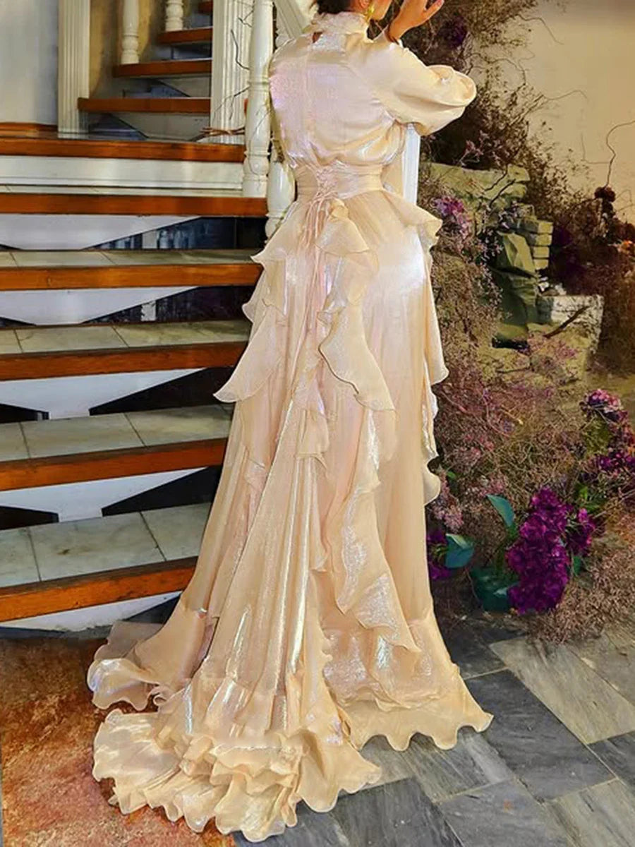 Solid Loose Midi Dresses for Women Round Neck Long Sleeves Patchwork Lace Up Temperament Dress Female Clothing New