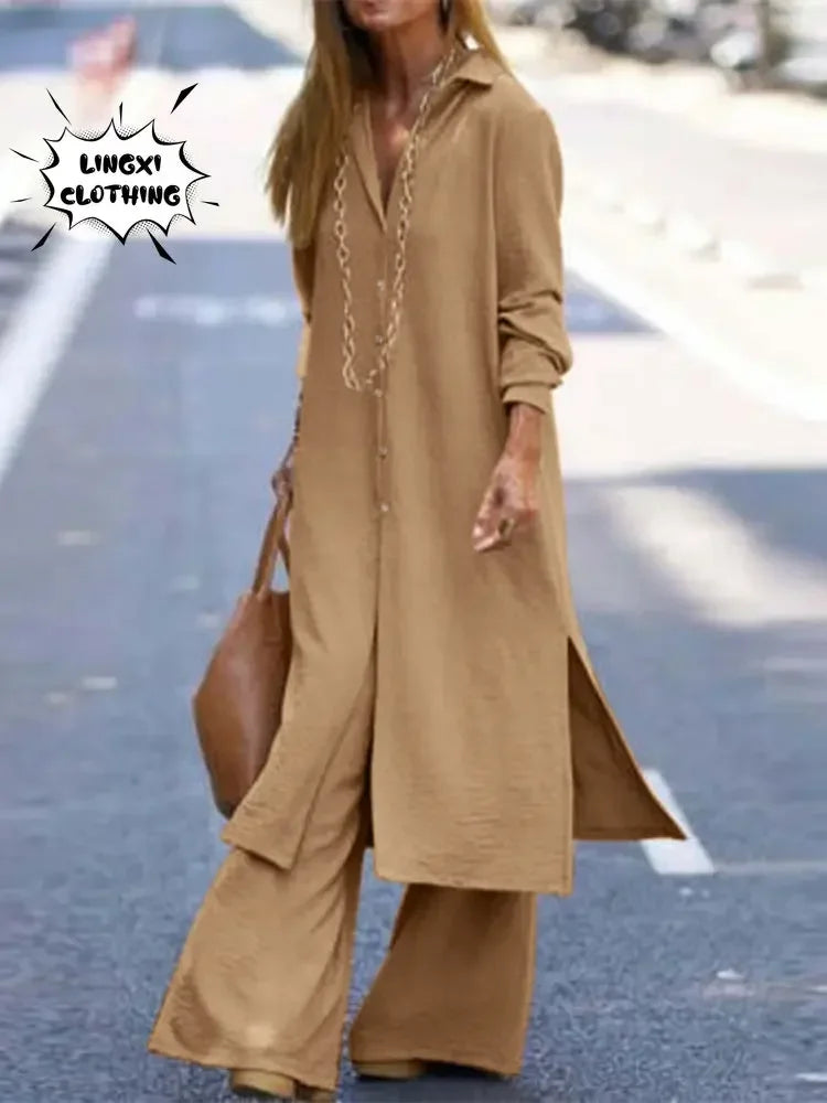 Summer Fashion Plus Size Women's New Matching Collection Elegant Loose Robe Wide Leg Pants Temperament Two Piece Set