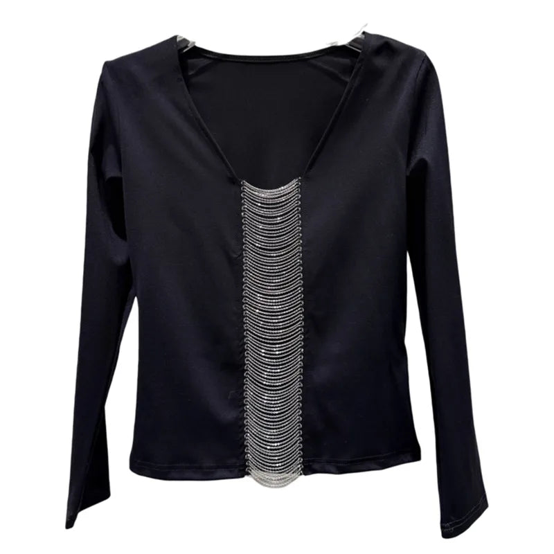 Winter New Fashionable Style V-Neck Beaded Tassel Design Long Sleeve T-Shirt For Women Versatile Tops Female 11A07950