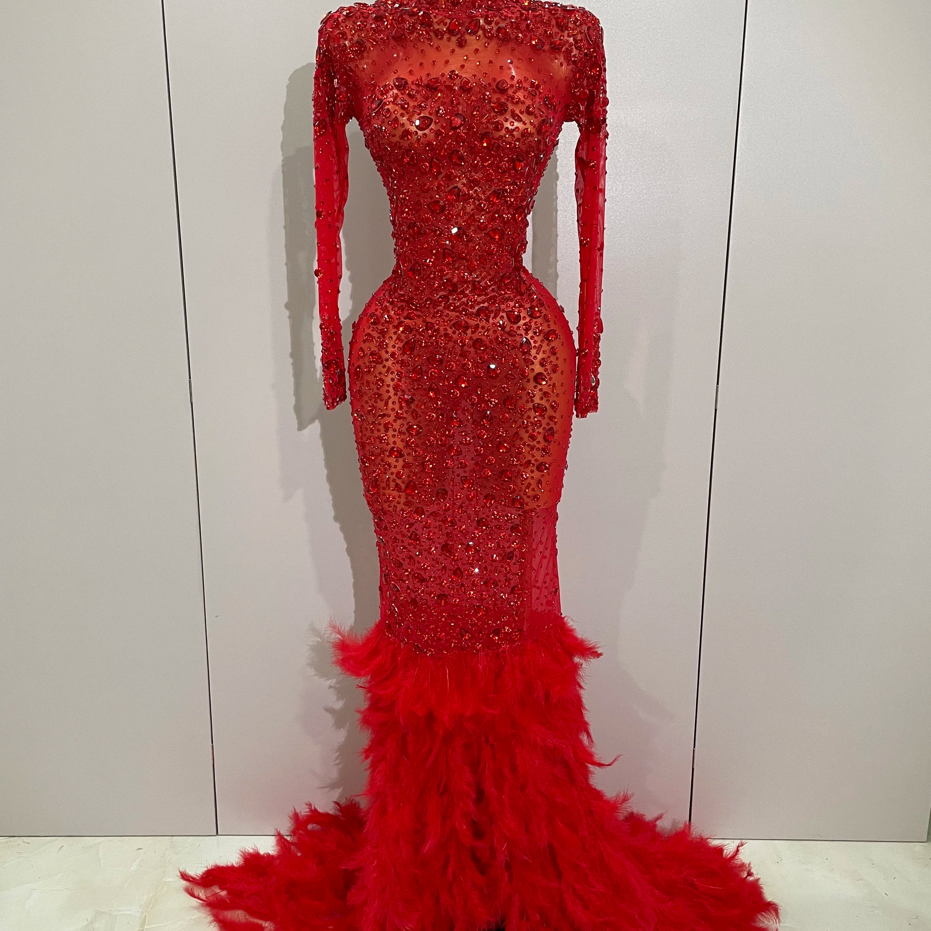 2025 New Sparkling Red Crystals Feathers Long Sleeve Mermaid Maxi Dress Women Wedding Celebrate Luxury Birthday Party Prom Gown Red