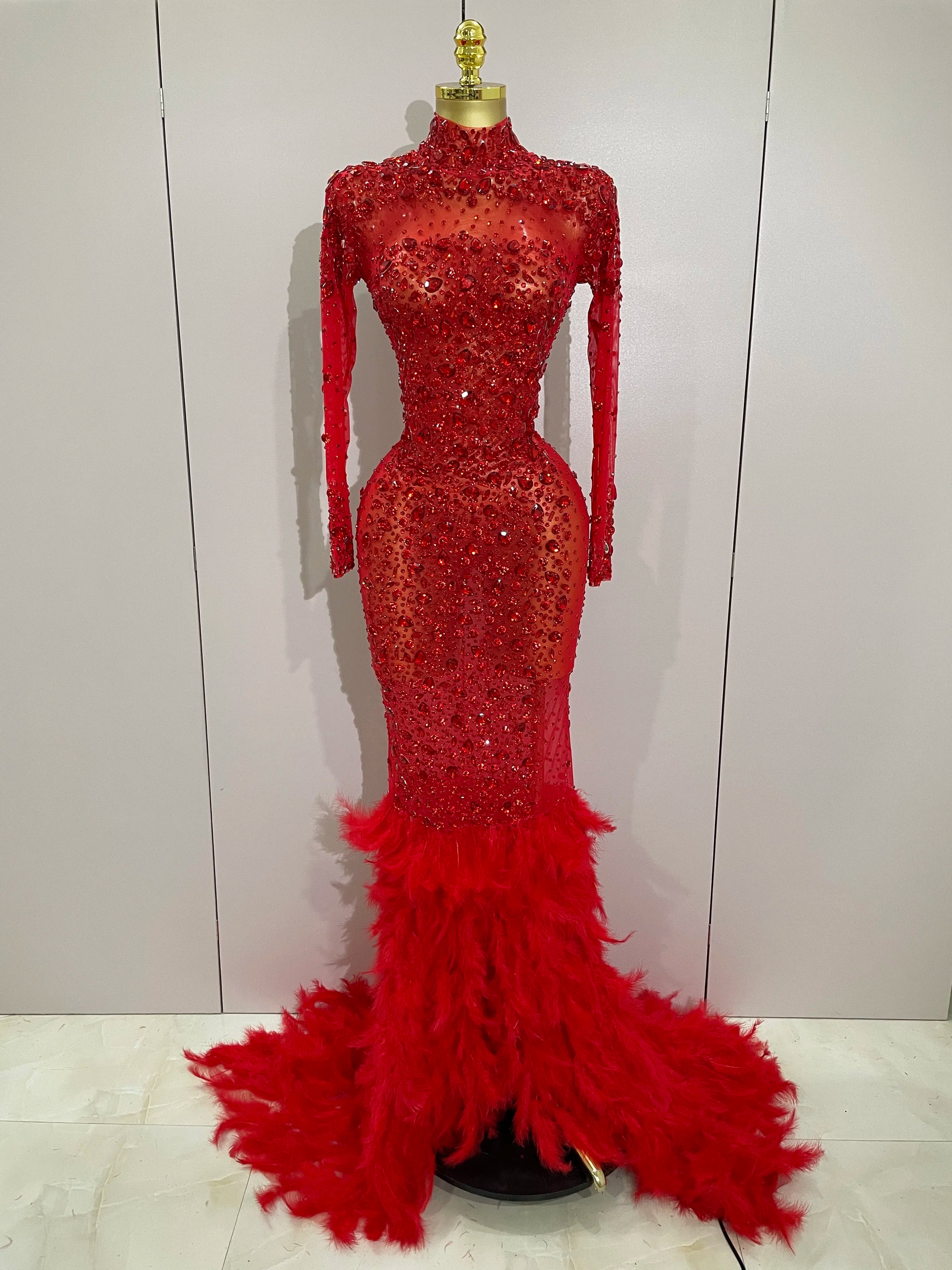 2025 New Sparkling Red Crystals Feathers Long Sleeve Mermaid Maxi Dress Women Wedding Celebrate Luxury Birthday Party Prom Gown Red