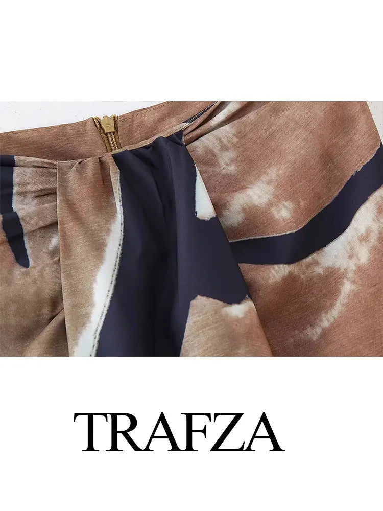TRAFZA Women's High Waist Front Pleated Zipper Fly Casual Skirt Summer Women's Fashion Chic Printed Wrap Skirt Streetwear