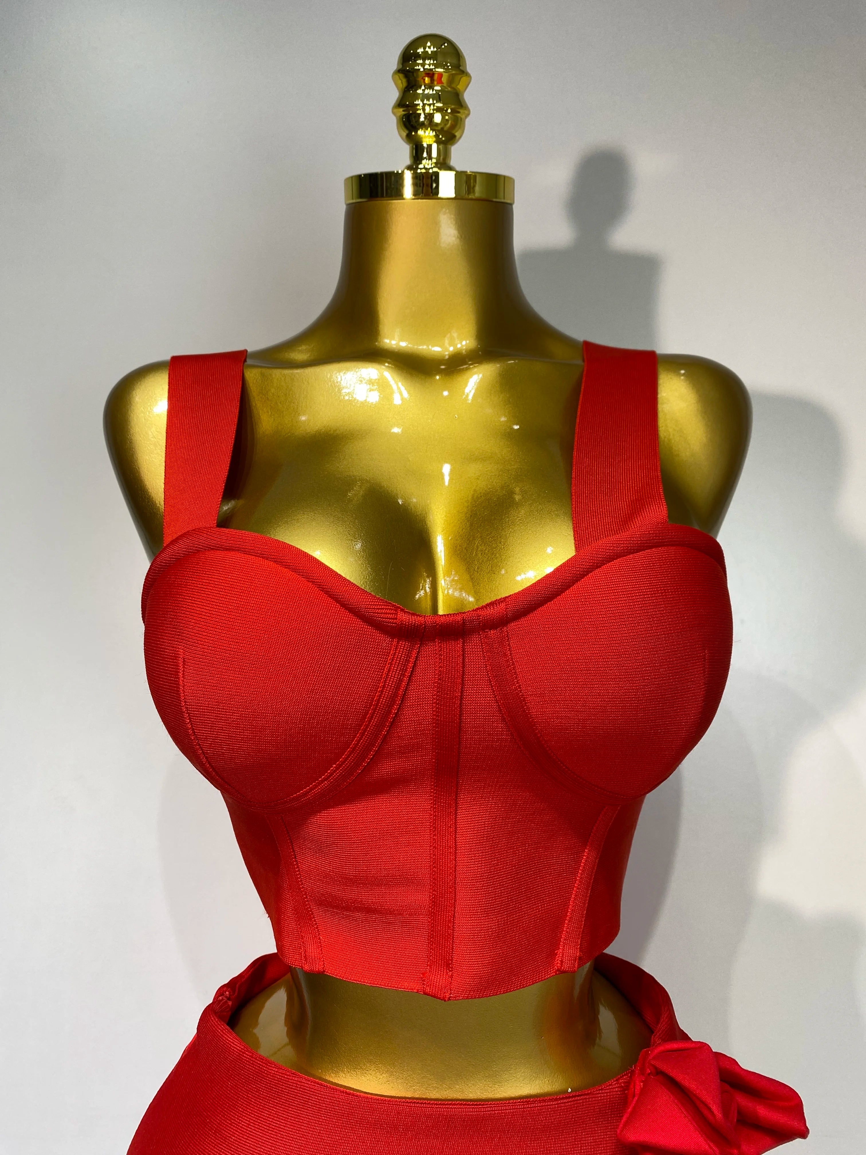 Women Red Top Flower Skirt Two Piece Set Evening Party Nightclub Elegant Host Tight Sexy Club Bodycon Bandage Long Skirt