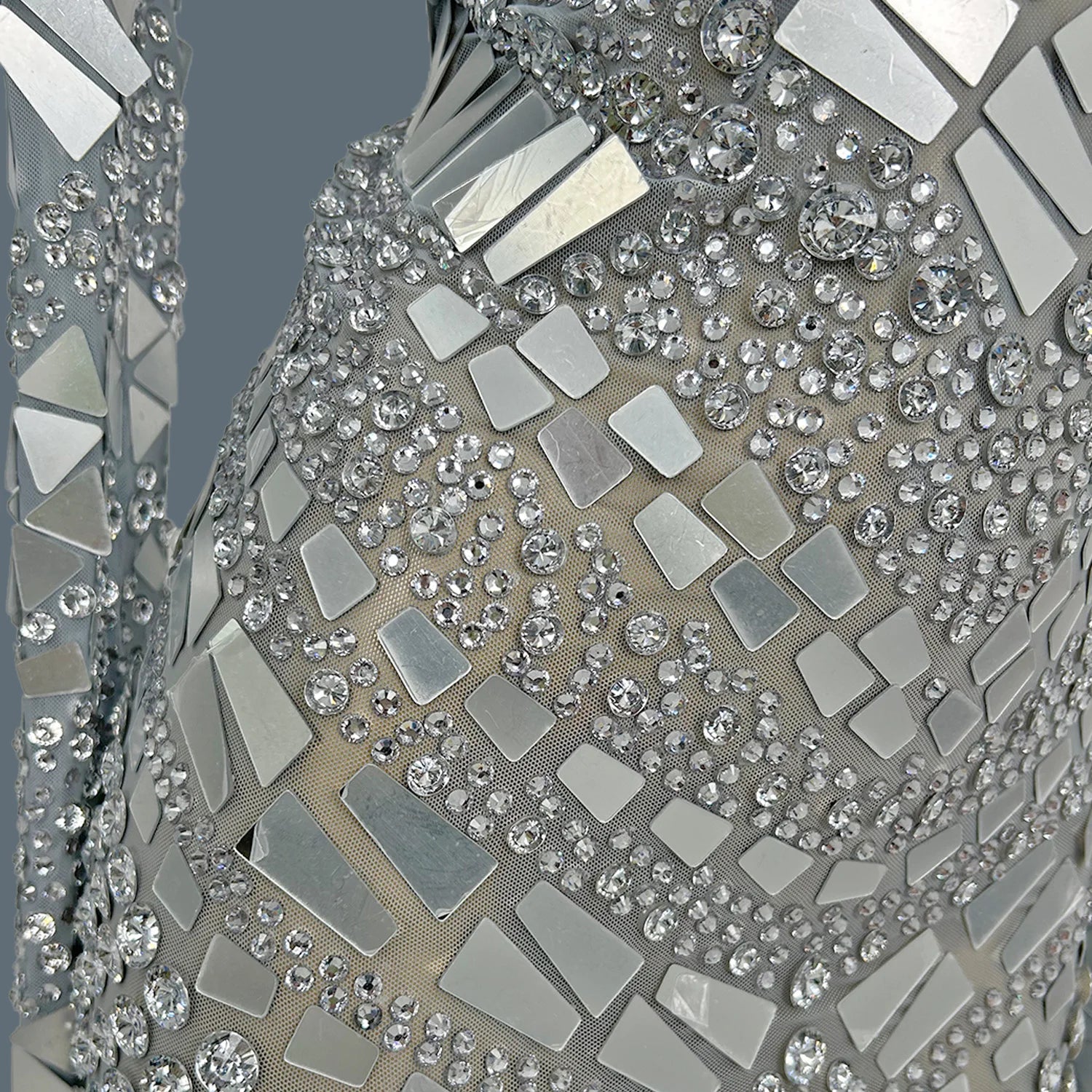 Women's Sparkly Rhinestone Mirrors Dress Sexy Sheer Mesh Dress Birthday Prom Club Dress up Showgirl Wear Haute Couture Yinsui