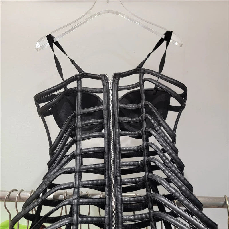 New Style Fashion Hollow Out Leather Dress For Women Heavy Industry Strapless Slim Fit Short Dresses Female 11A07880