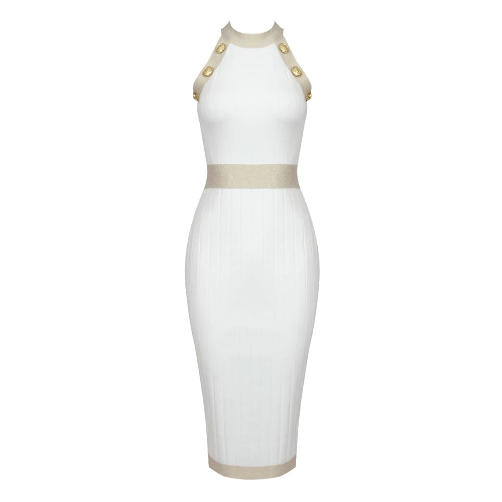 Celebrity Party Dresses For Women Chic Buttons Sleeveless Bandage Tight Elegant Midi Dress Fashion Streetwear WHITE