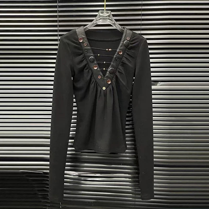 Autumn Winter New Handmade Button Decorated T-Shirt For Women Casual Fashion Versatile Base Layer V-Neck Top 11A07904 Black