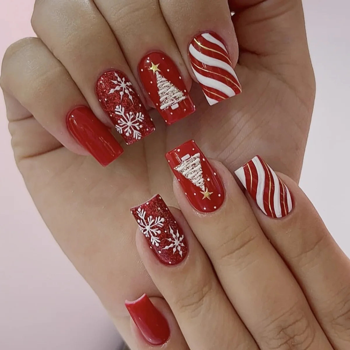 24Pcs Short Square Fake Nails Red French Press On Nails Snowflake/Striped Printed Women Girls Christmas Party False Nails Y2