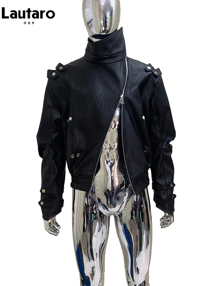 Mauroicardi Spring Autumn Cool Windproof Short Black Faux Leather Jacket Men Zipper Chic Luxury Designer Clothes Streetwear 2025