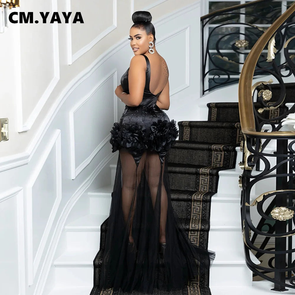 Diamonds 3D Flower Mesh See Through Women Sleeveless Bodycon Long Dress Birthday Party Evening Prom Maxi Mermaid Dresses