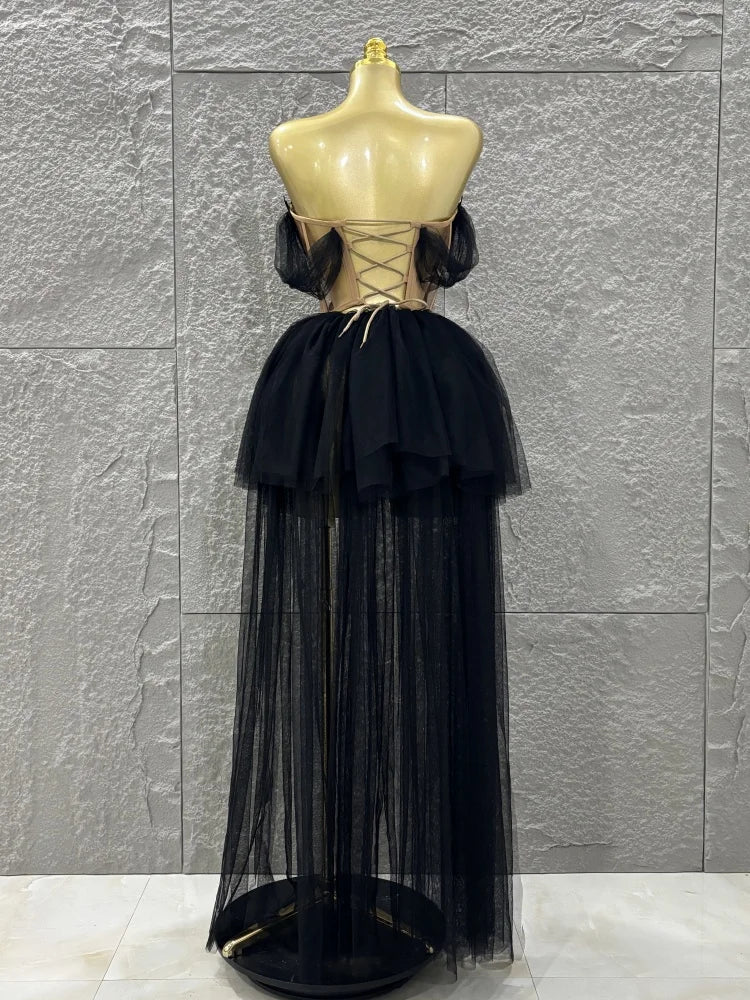 STOCK Women Sexy Strapless Laced-up Mesh 2 Pieces Long Maxi Dress Celebrate Evening Party Birthday Prom Outfit