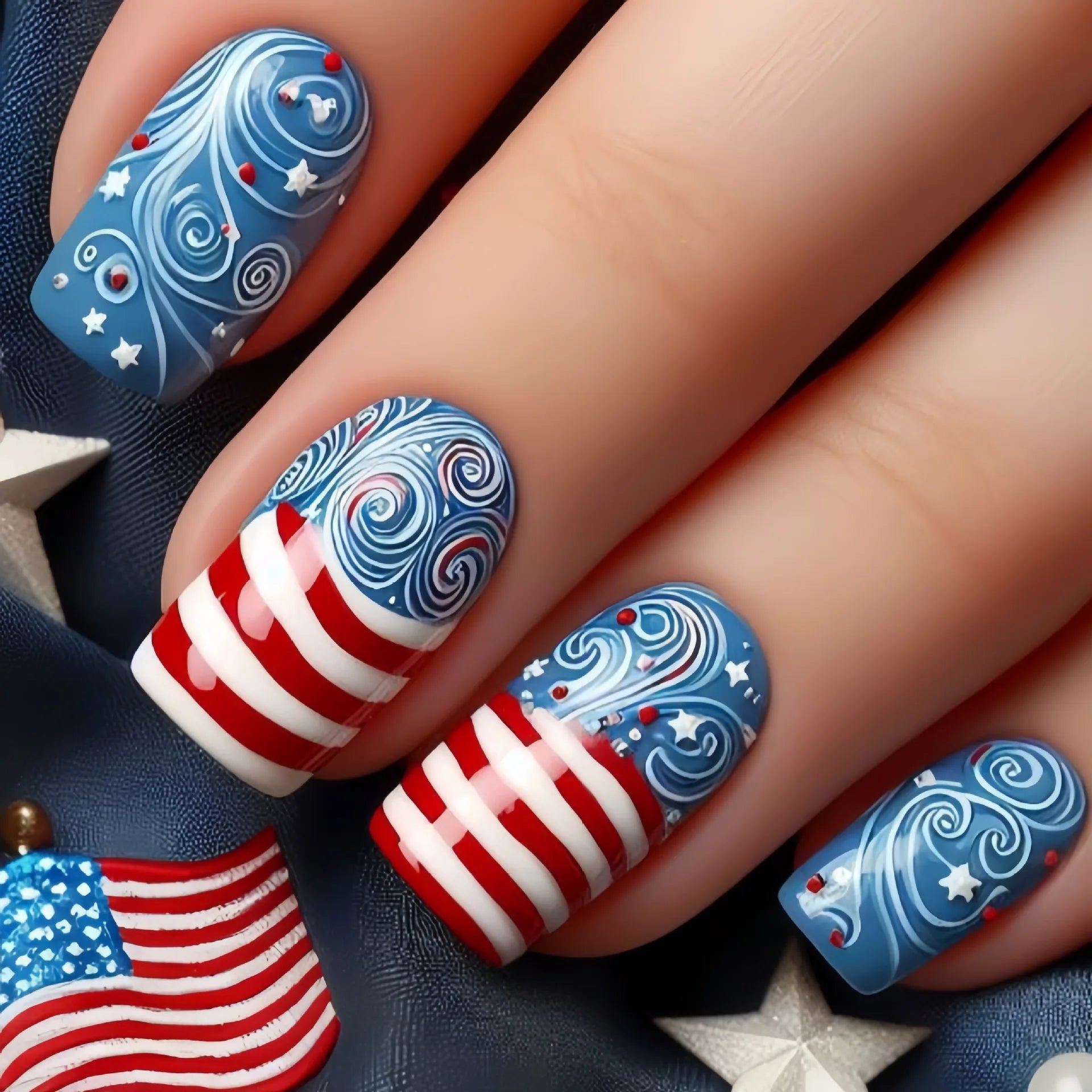 24pcs/set Short Medium square ballet fake nails tip for American Independence Day blue red flowers star flag press on false nail 2073