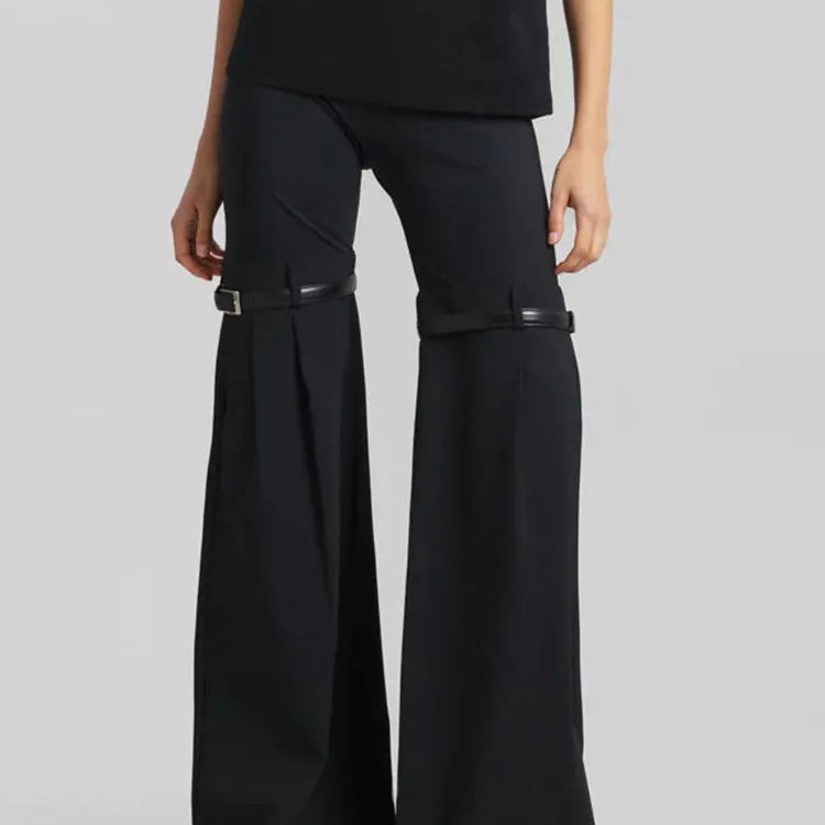 Patchwork Belt Wide Leg Pants For Women High Waist Slimming Solid Long Full Length Trousers Female Fashion Clothing Black