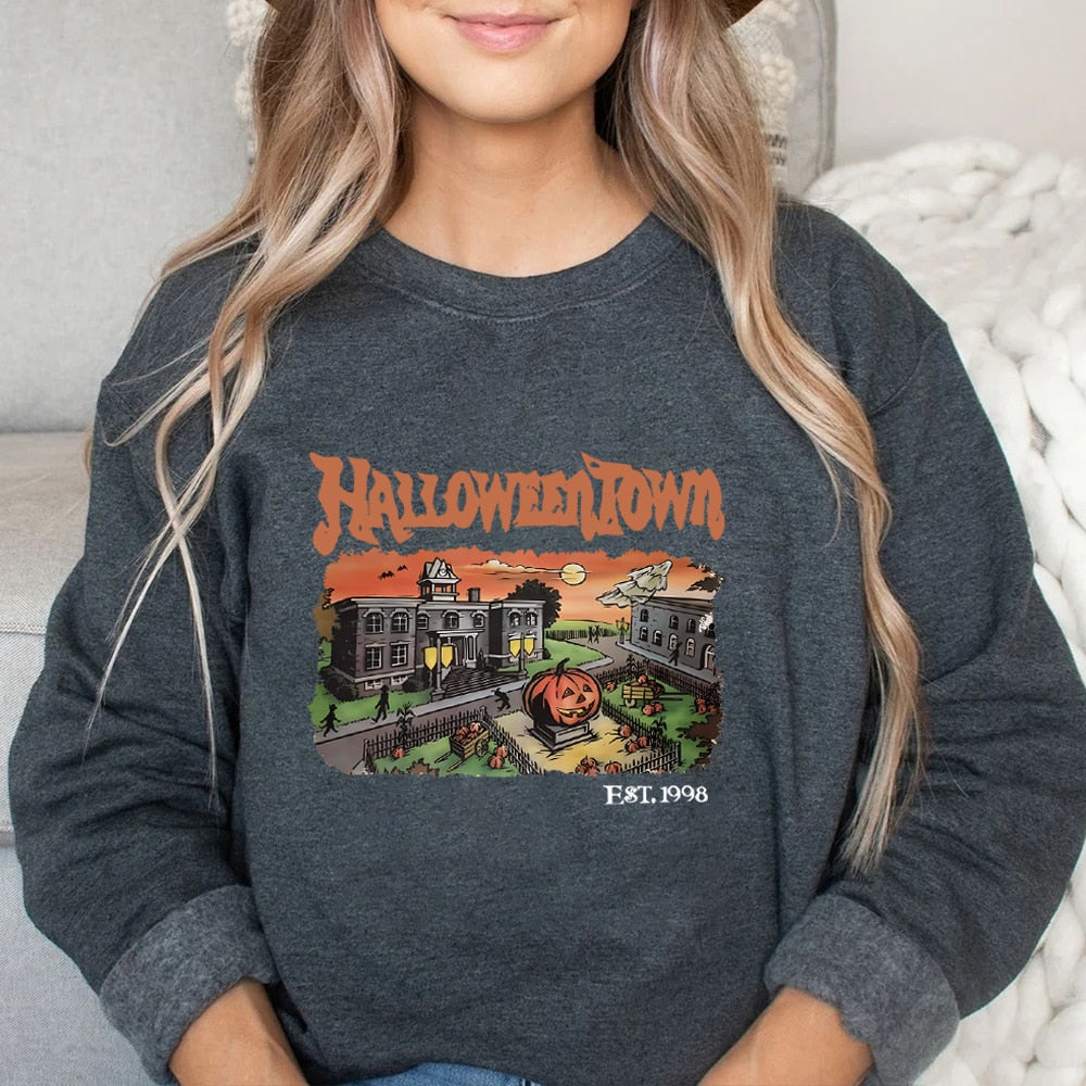 Retro HalloweenTown 1998 Crewneck Sweatshirt Halloween Shirt Funny Halloween Party Sweater Fall Pumpkin Tshirts Halloween Gift Dark Grey