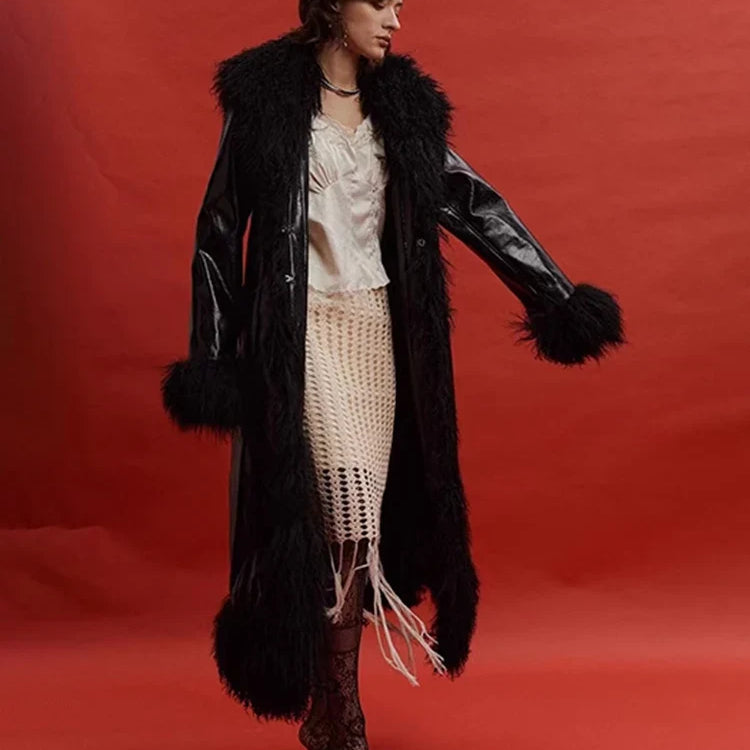 Spring Autumn Long Black Shiny Patent Pu Leather Coat Women with Faux Fur Trim Luxury Designer Clothing European Fashion
