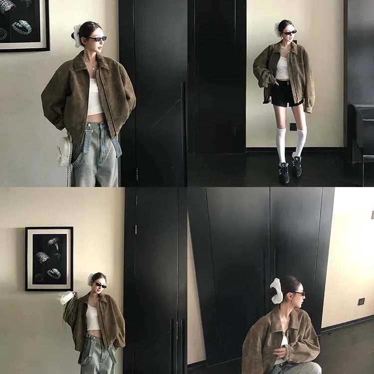 Lautaro Spring Autumn Cool Oversized Faux Suede Leather Jacket Women Turn-down Collar Luxury Designer American Retro Clothing