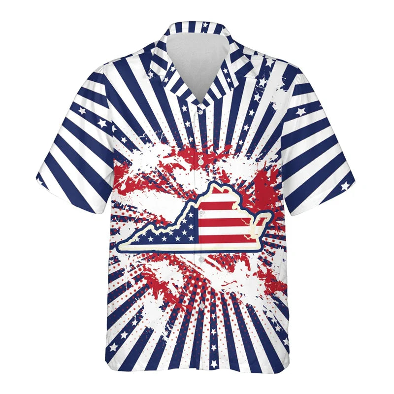 USA California Virginia Michigan Map Flag Graphic Shirts For Men Clothes America Florida Patriotic Lapel Blouse Male Shirt Tops Shirts-SZF39669