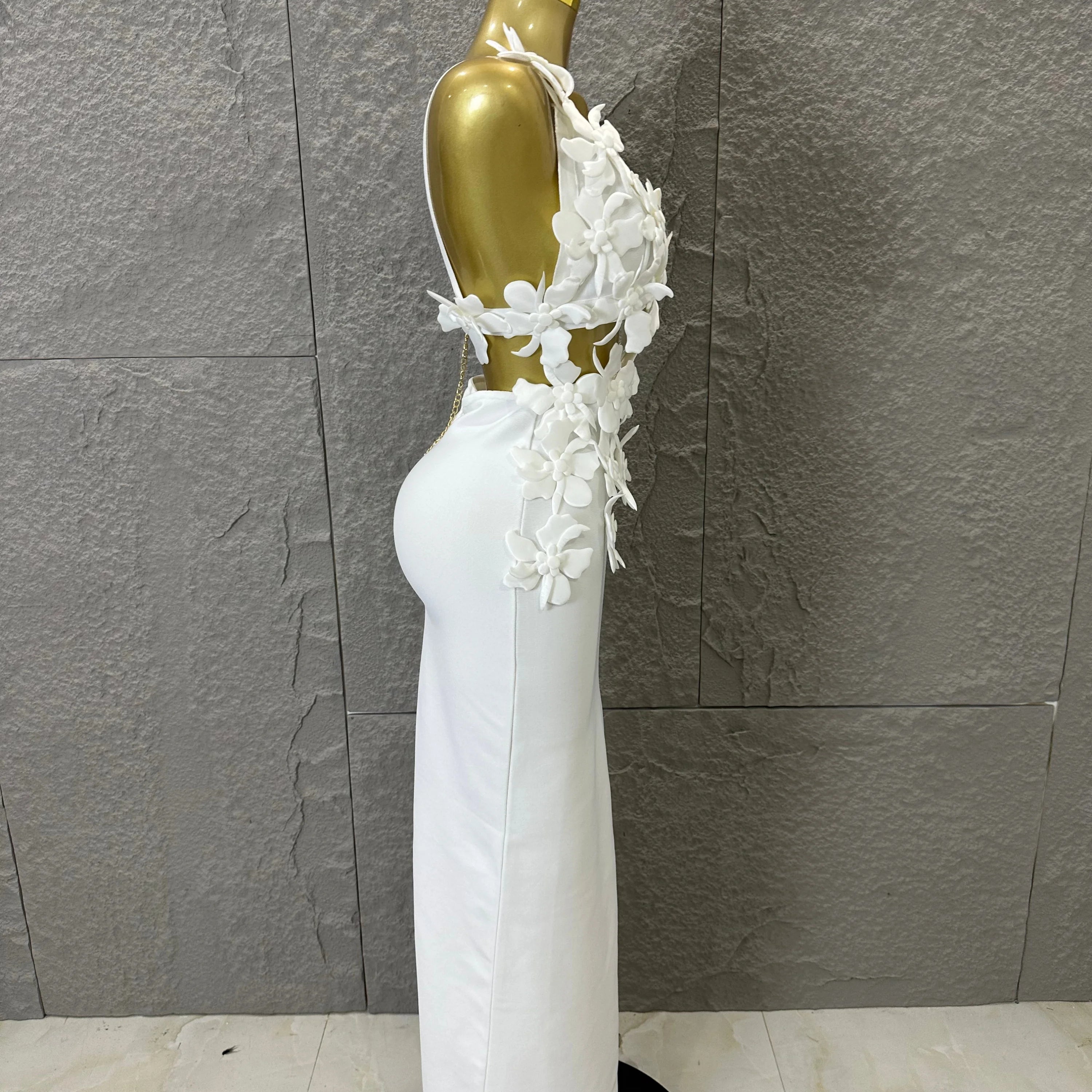 2026 Glamorous White 3D Floral Maxi Dress Women Sexy V-Neck Sheer Cutout Waist Bodycon Outfit Evening Gala Party Costume