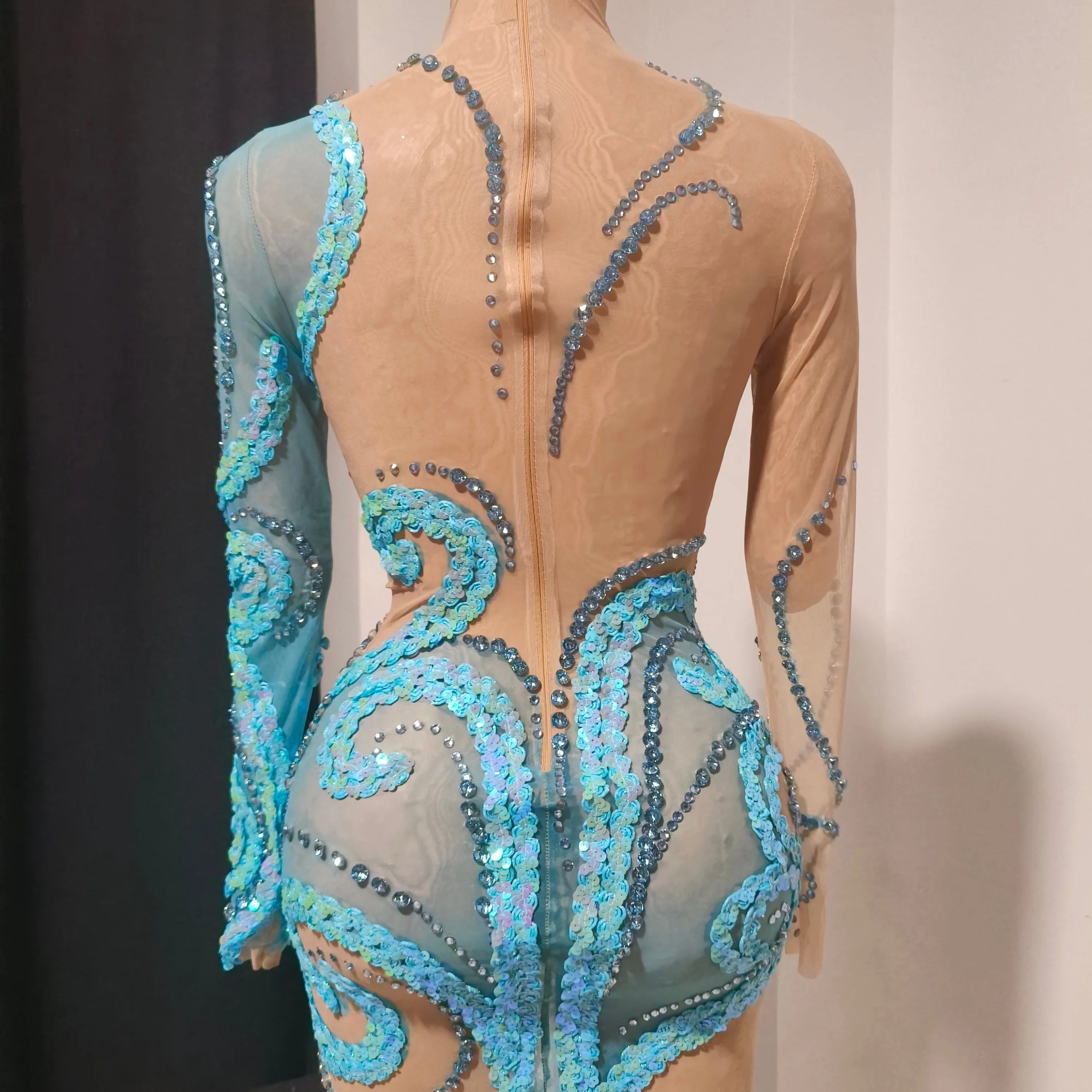 Luxury Sheer Mesh Bodycon Gown Cocktail Party Red Carpet Performance Outfit Elegant Blue Crystal Embellished Mini Dress Women