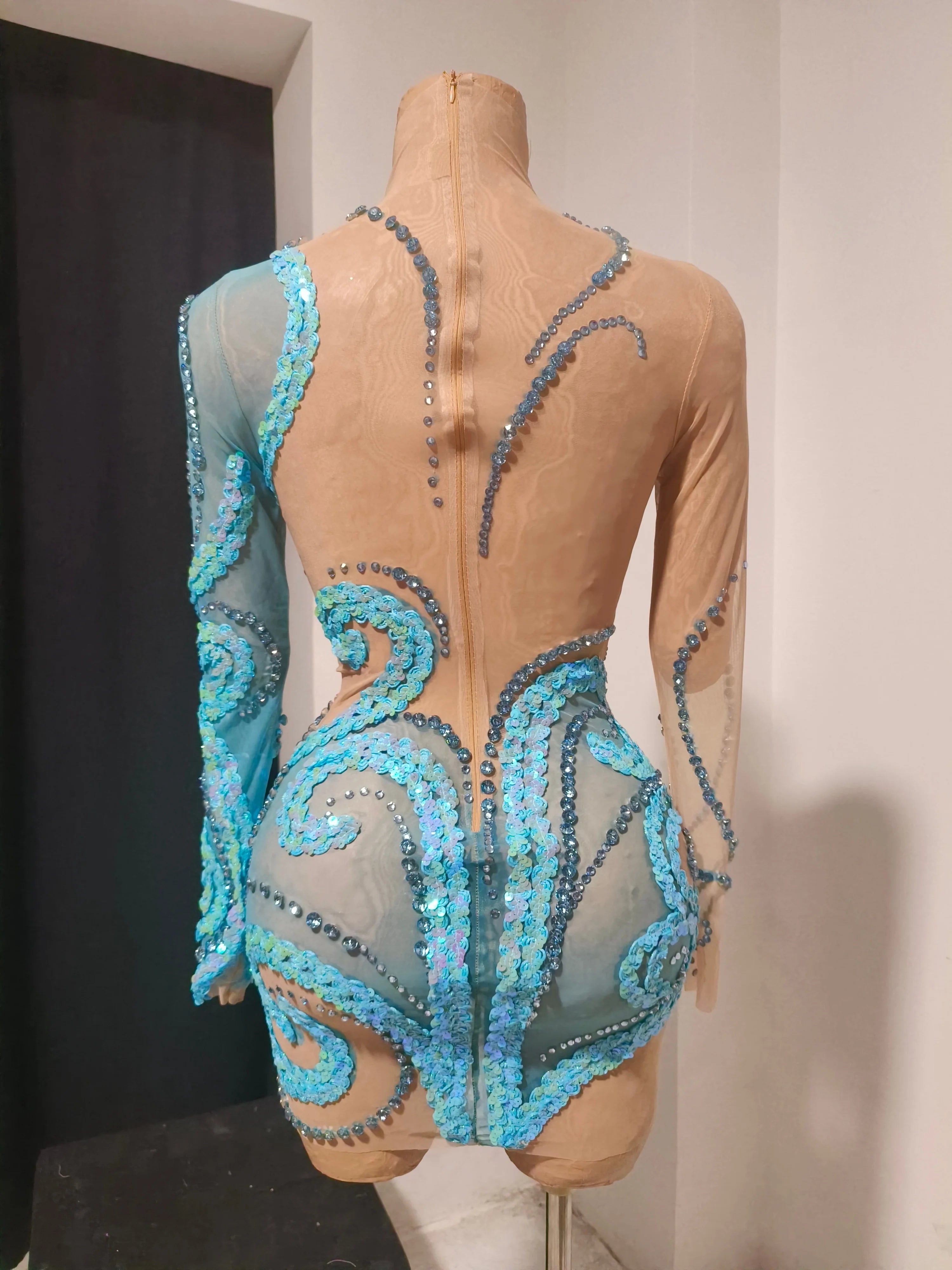 Luxury Sheer Mesh Bodycon Gown Cocktail Party Red Carpet Performance Outfit Elegant Blue Crystal Embellished Mini Dress Women