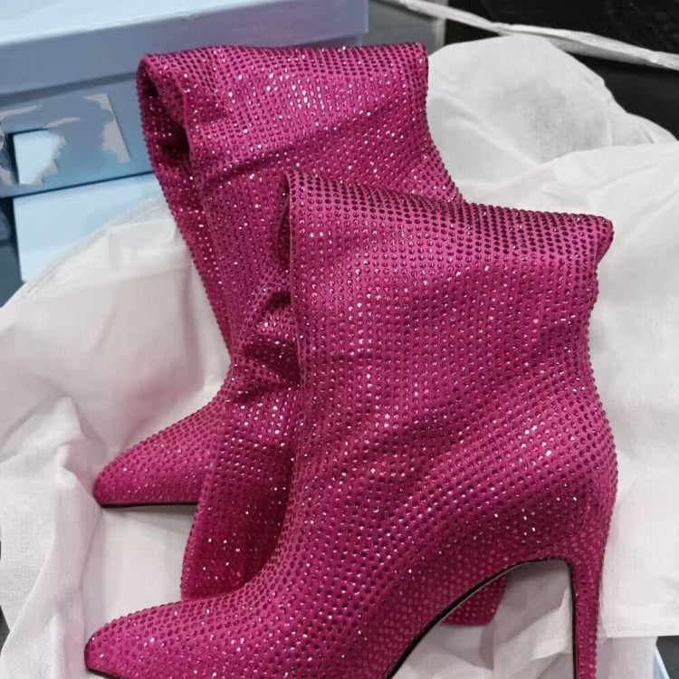 Women's New European and American Fashion Show Starry Sky High-heeled Rhinestone Pointed Nightclub Four Seasons Boots Rose 9cm