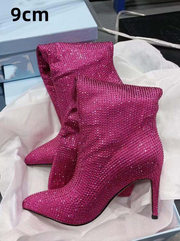 Women's New European and American Fashion Show Starry Sky High-heeled Rhinestone Pointed Nightclub Four Seasons Boots Rose 9cm