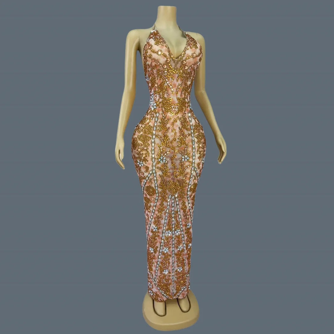 Women's Sexy Backless Strap Deep V Neck Dress Elegant Rhinestone Evening Dress Birthday Celebrate Party Queen Maxi Dress huangye