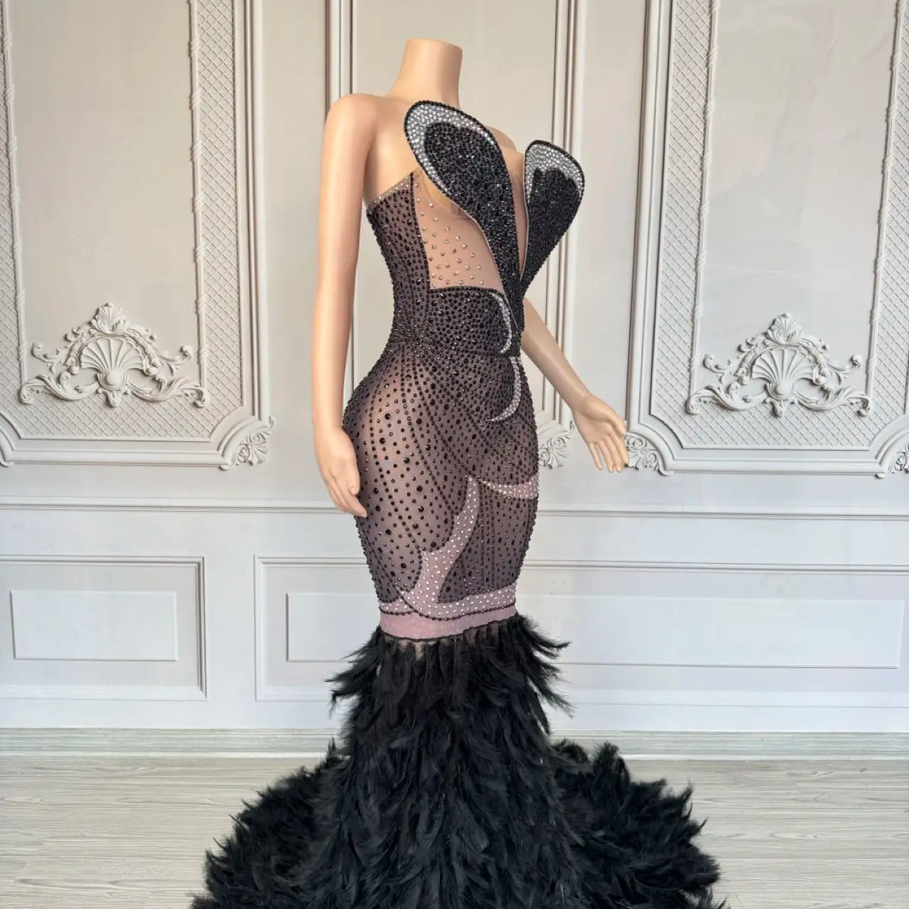 Luxury Women Feather Evening Dress Sparkly Sexy Prom Couture Rhinestone Birthday Party Ball Celebrate Photo Shoot Wear Mifeng