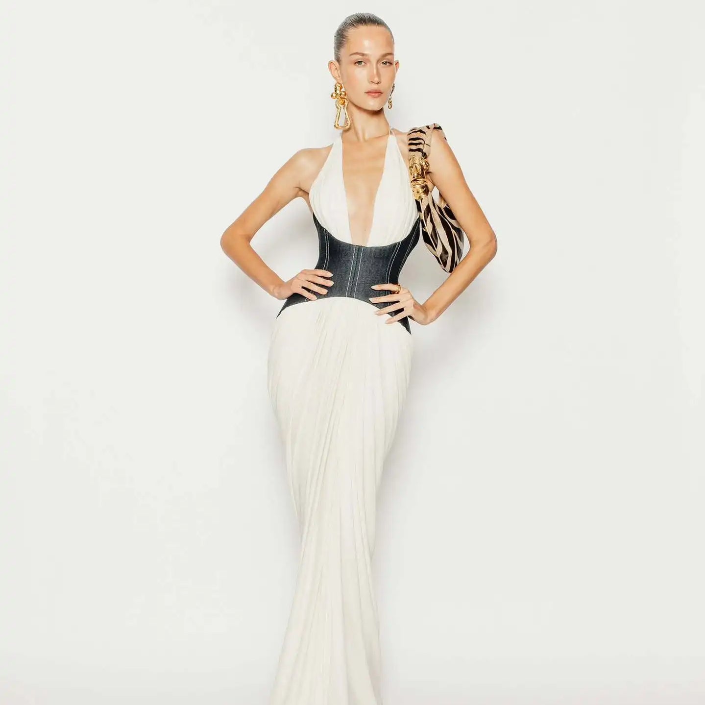 Denim Waistband Patchwork Sexy V-Neck Halter Mermaid Floor Length Dress Fashion Woman Party Dress Holiday Vocation Outfit black