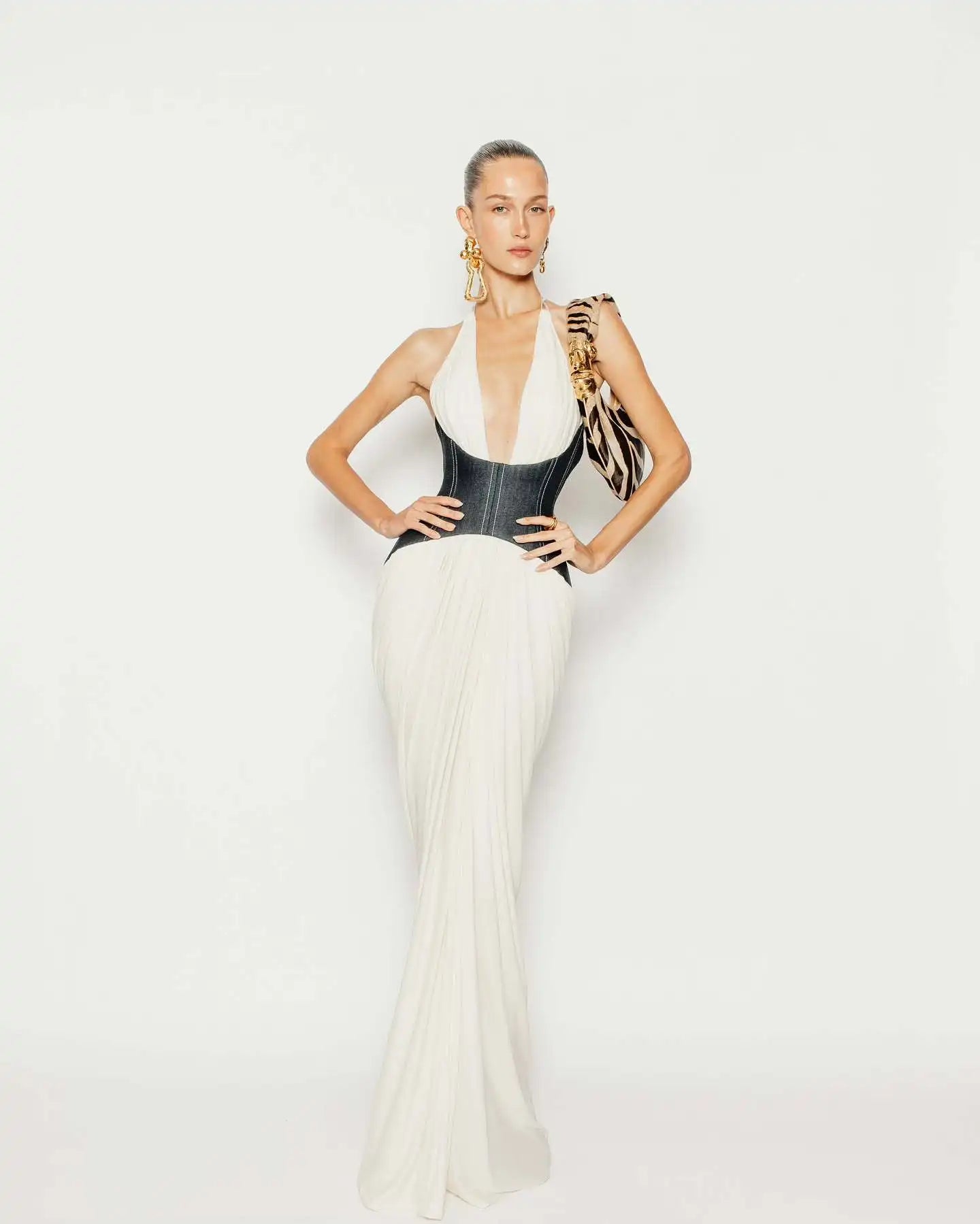 Denim Waistband Patchwork Sexy V-Neck Halter Mermaid Floor Length Dress Fashion Woman Party Dress Holiday Vocation Outfit black