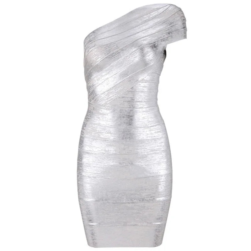 Foil Gold Silver Women One Shoulder Sexy Bodycon Mini Dress Rayon Bandage Fashion Evening Party Outfit Vestido Silver