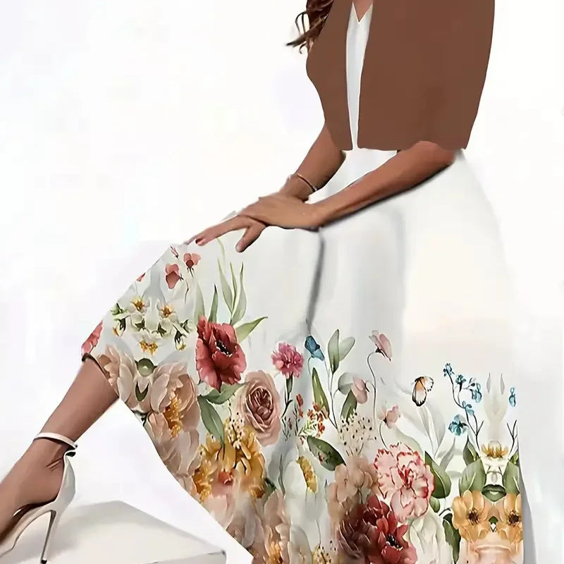 New for summer 2024! Eu-us Fall Women's 2 long Dress Set - floral and grass print crew neck dress with chiffon short coat Khaki