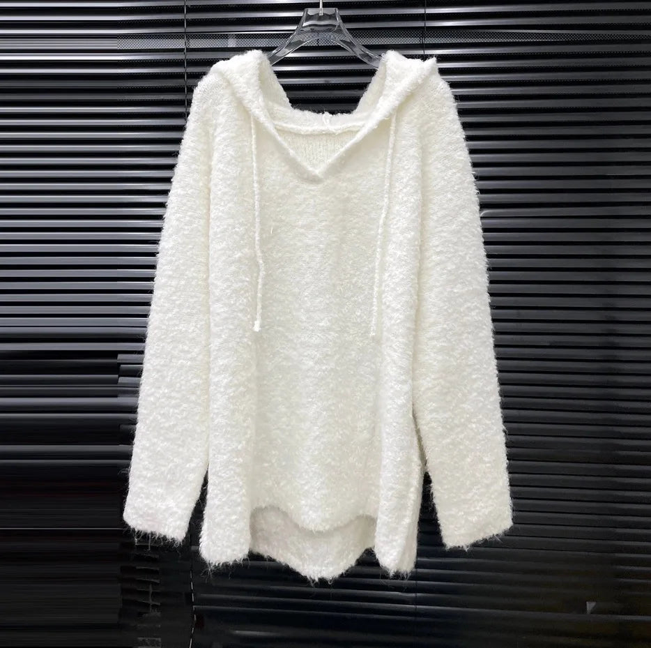 Autumn Winter New Niche Design Lazy Style Fashion Loose Soft Hooded Sweater For Women Elastic Waist Pants 11A07783 only White Coat