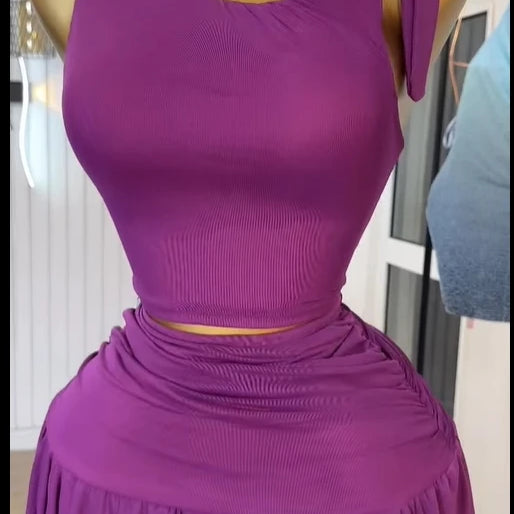 Women Tie Up Shoulder Sleeveless Knit Tank Top and Irregular Maxi Long Skirt Suit 2025 Summer Two 2 Piece Set Outfits