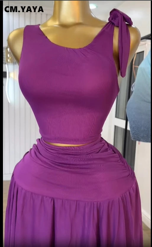 Women Tie Up Shoulder Sleeveless Knit Tank Top and Irregular Maxi Long Skirt Suit 2025 Summer Two 2 Piece Set Outfits