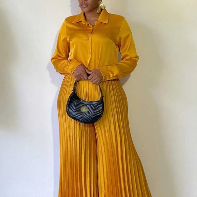 2 Piece Sets Women Outfit Luxury Elegant Autumn Long Sleeve Button Top and Pleated Pants Set Casual Ladies Clothes Plus Size Gold