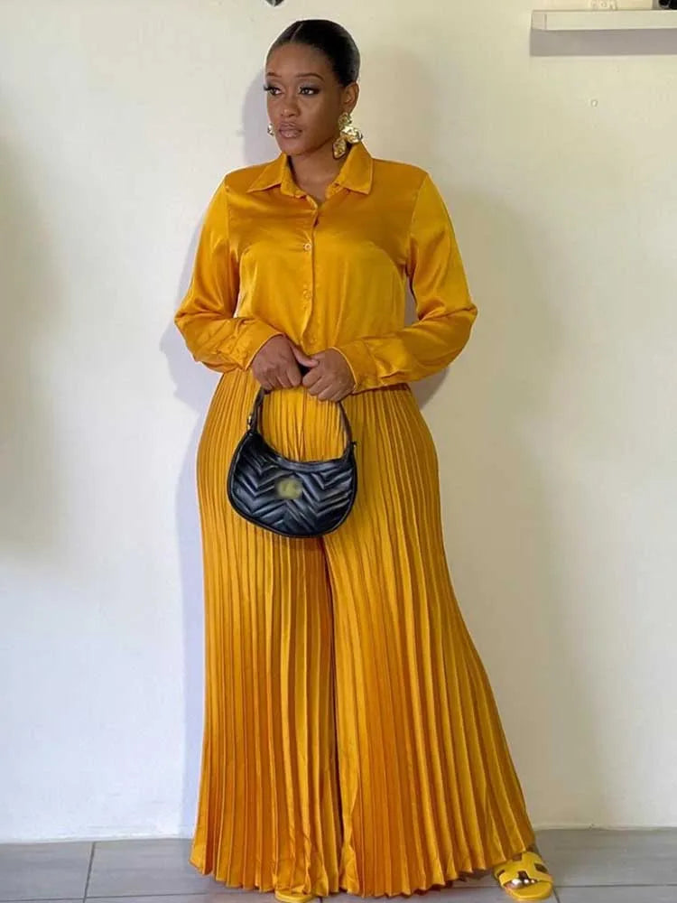 2 Piece Sets Women Outfit Luxury Elegant Autumn Long Sleeve Button Top and Pleated Pants Set Casual Ladies Clothes Plus Size Gold