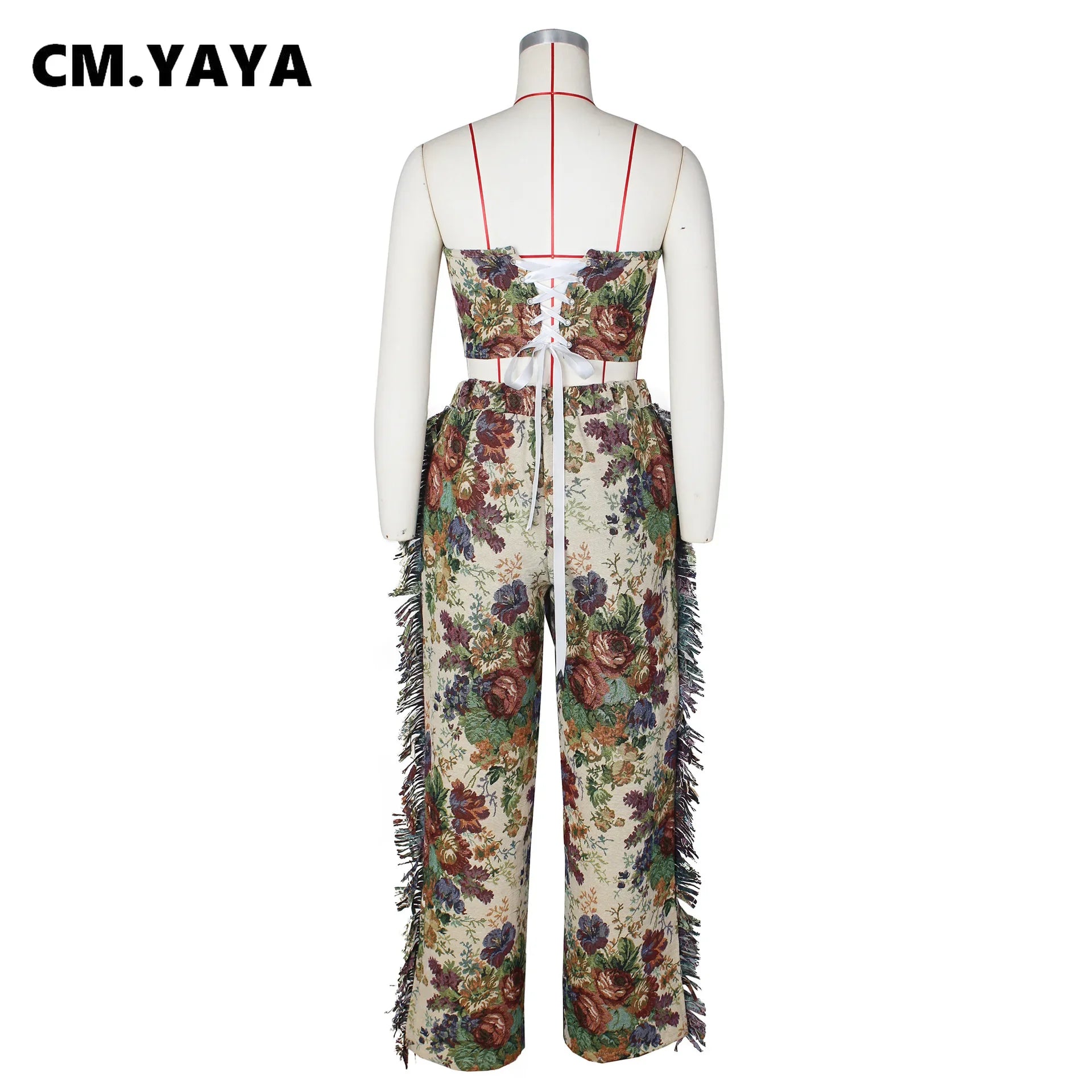 Fashion Print Women's Set Strapless Top and Wide Leg tassel Pants Summer Cargo Street Two 2 Piece Set Outfit Tracksuit