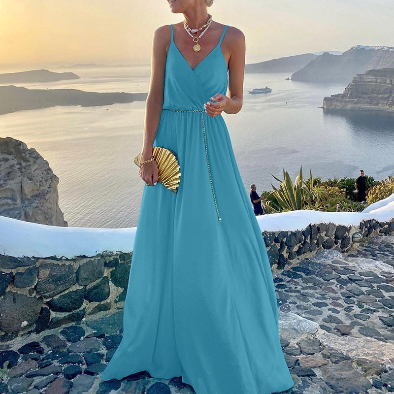 V Neck Maxi Dresses Printed Sleeveless Sling Holiday Dress