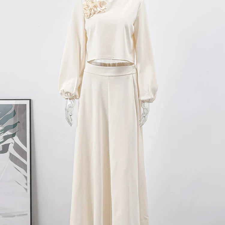 Ramadan Elegant 2 Piece Set Women Lantern Sleeve Flower Crop Top High Waist A-line Skirt Suit Spring Lady Abaya Turkey Sets
