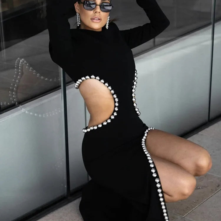 Women Winter Sexy O Neck Hollow Out Black Beading Maxi Long Bodycon Bandage Dress Elegant Party Stage Performance Dress